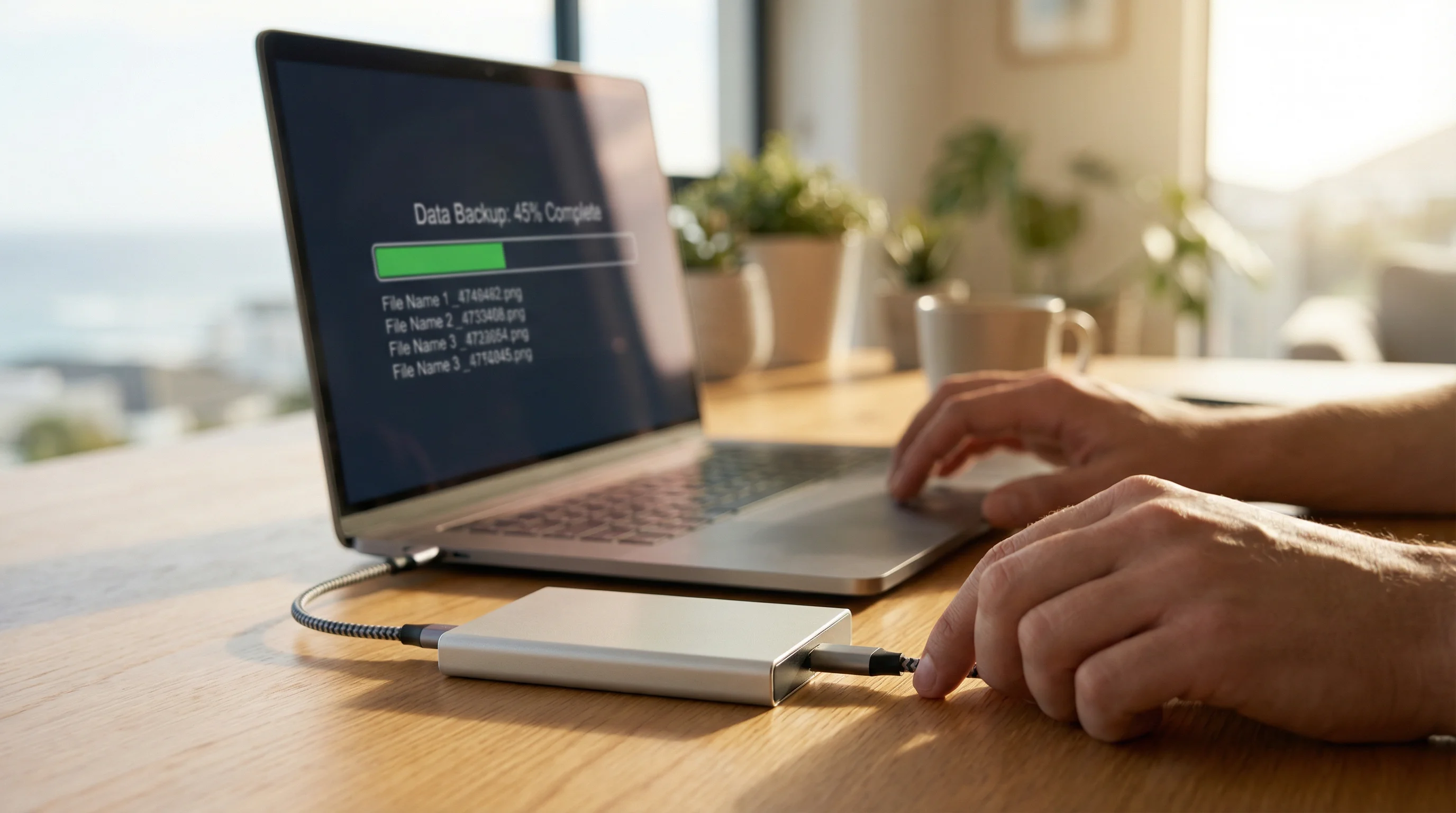 Data backup in progress before an on-site computer repair at a Gold Coast home