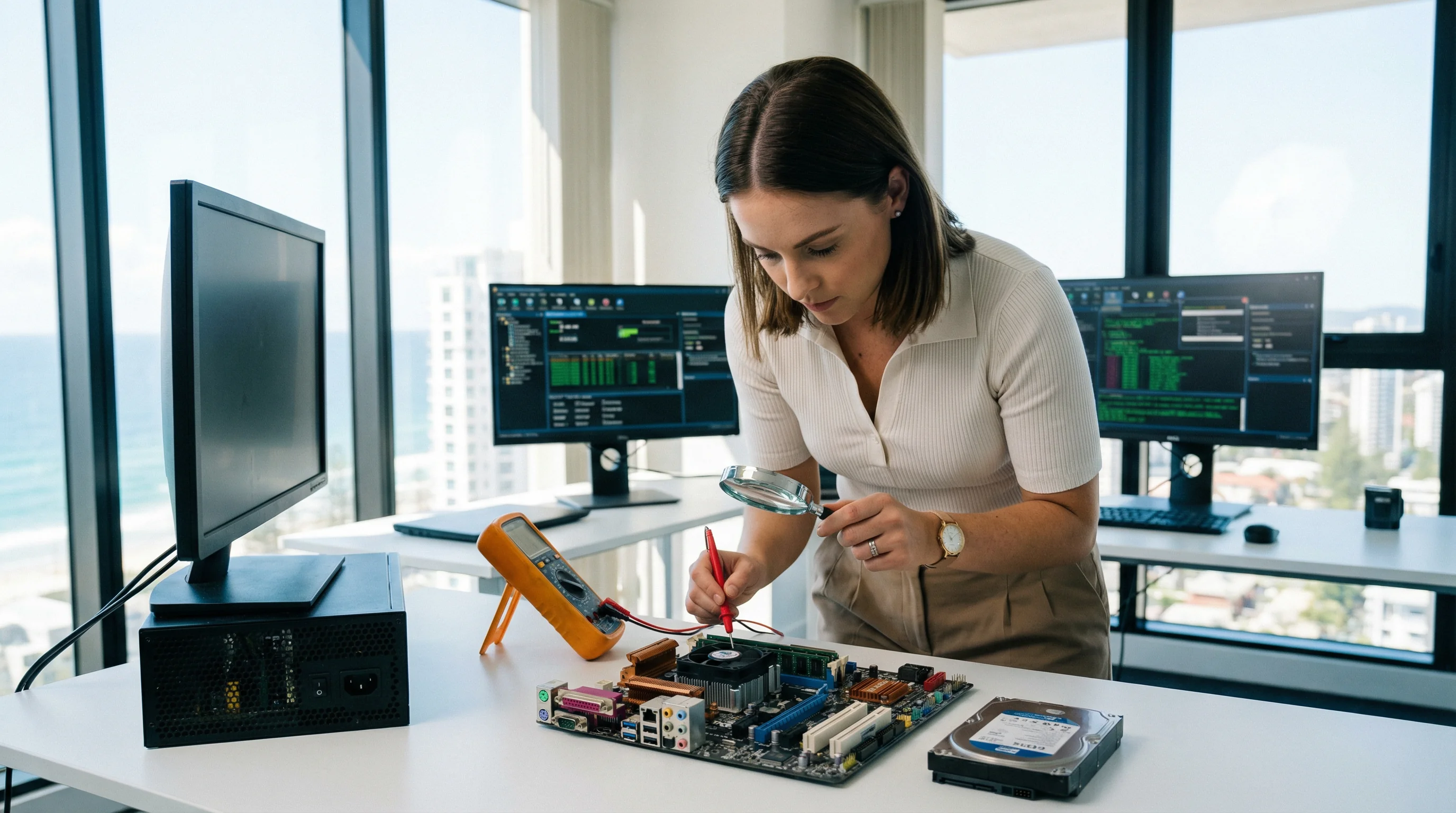 IT technician diagnosing hardware and software troubleshooting Gold Coast business