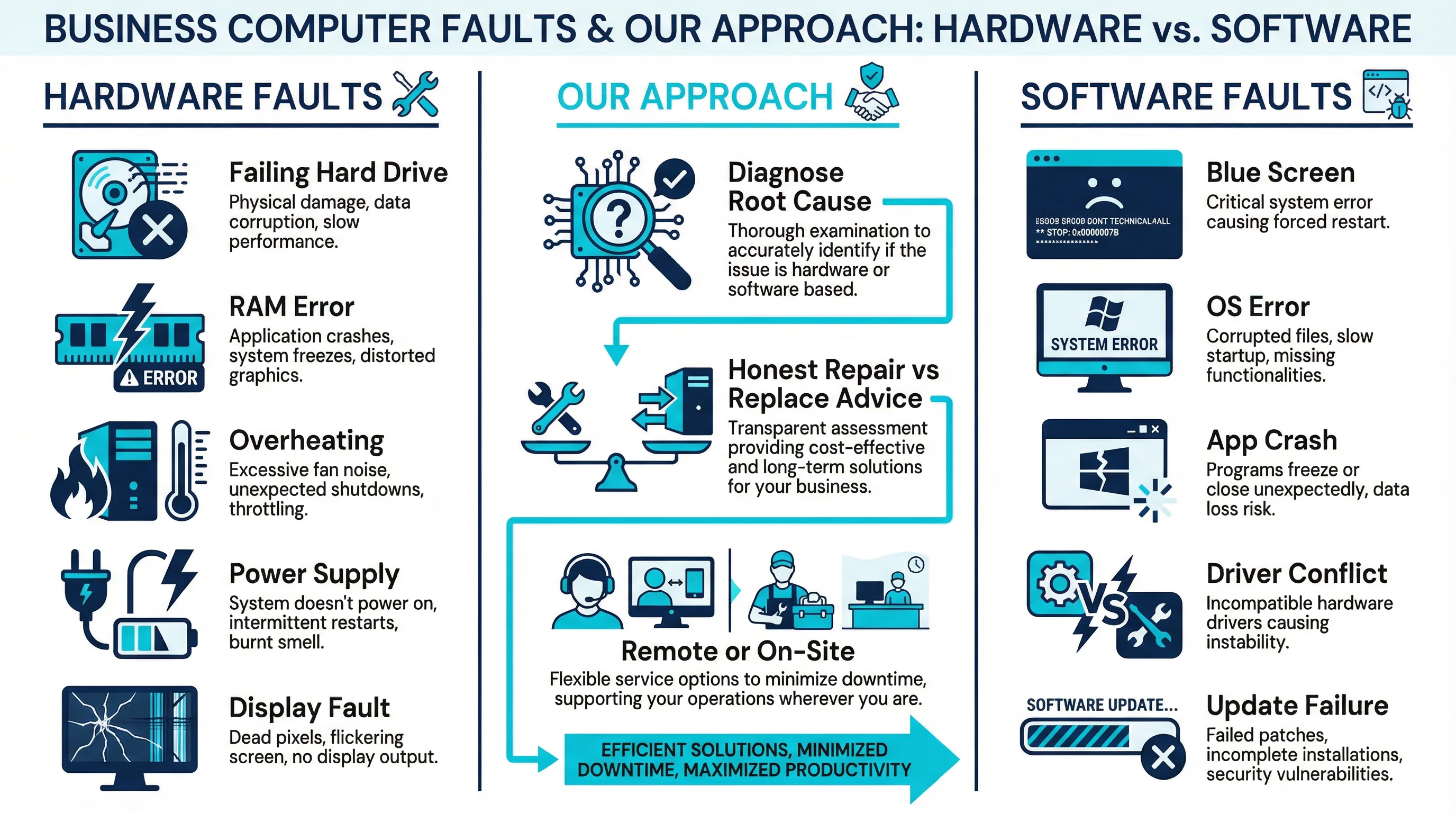 Hardware vs software faults infographic for Gold Coast business computers