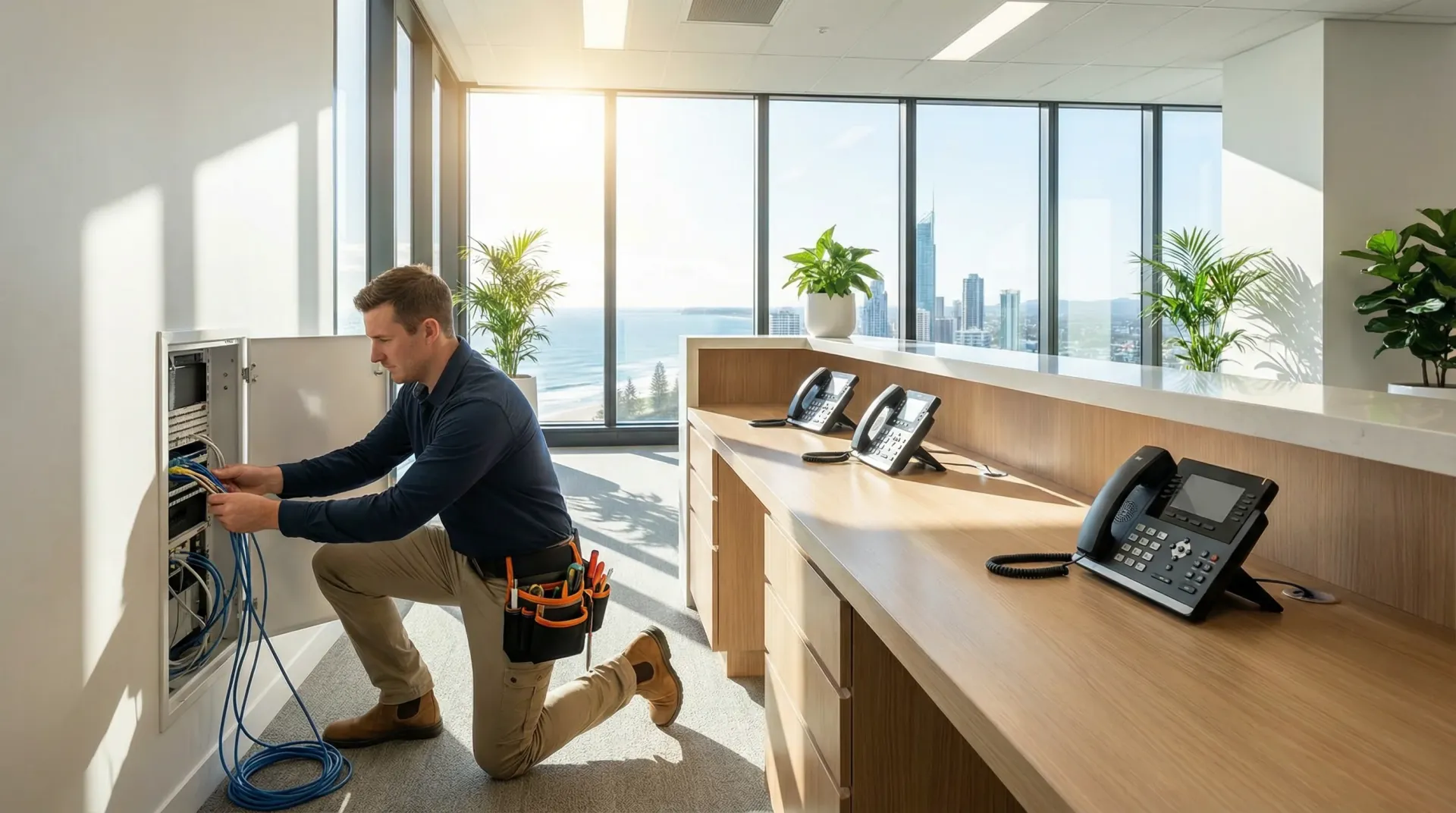 Business VoIP handsets installed by bcom ICT at a Gold Coast office reception
