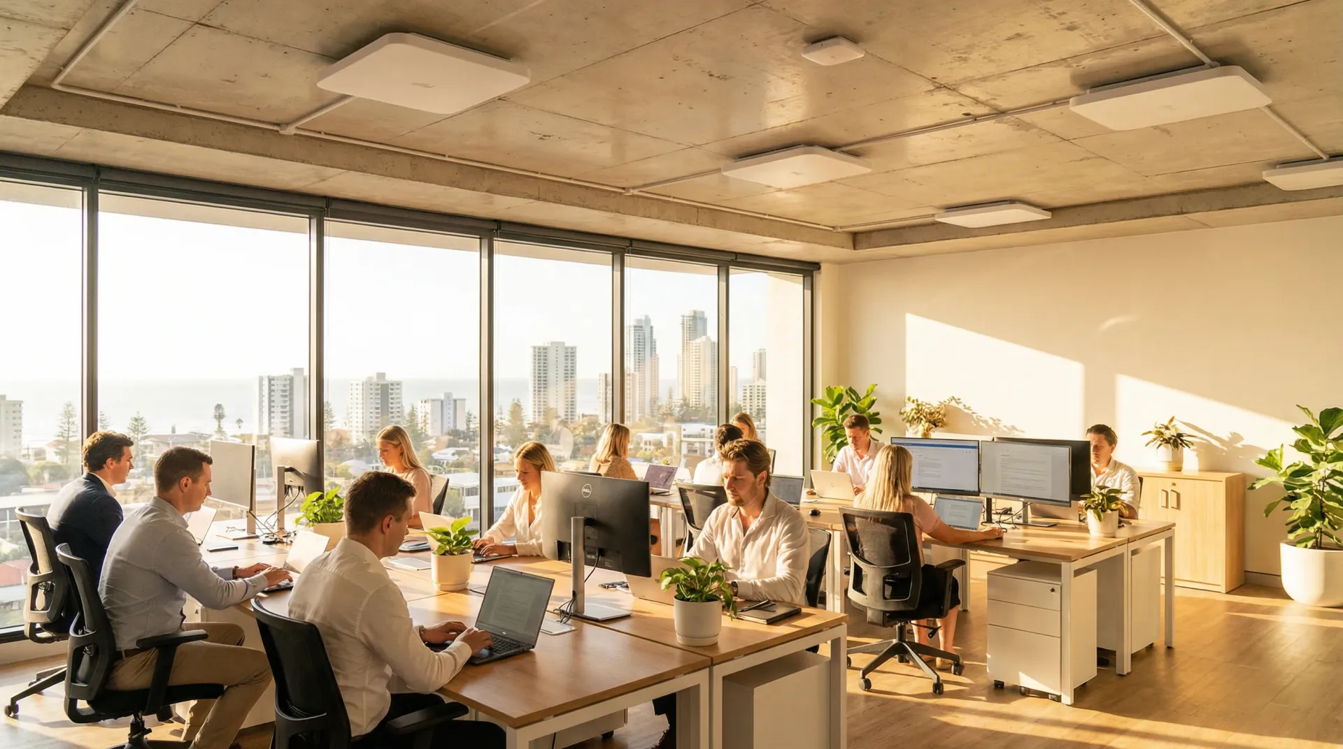 A Ubiquiti UniFi access point installed in the ceiling of a Gold Coast business office by bcom ICT