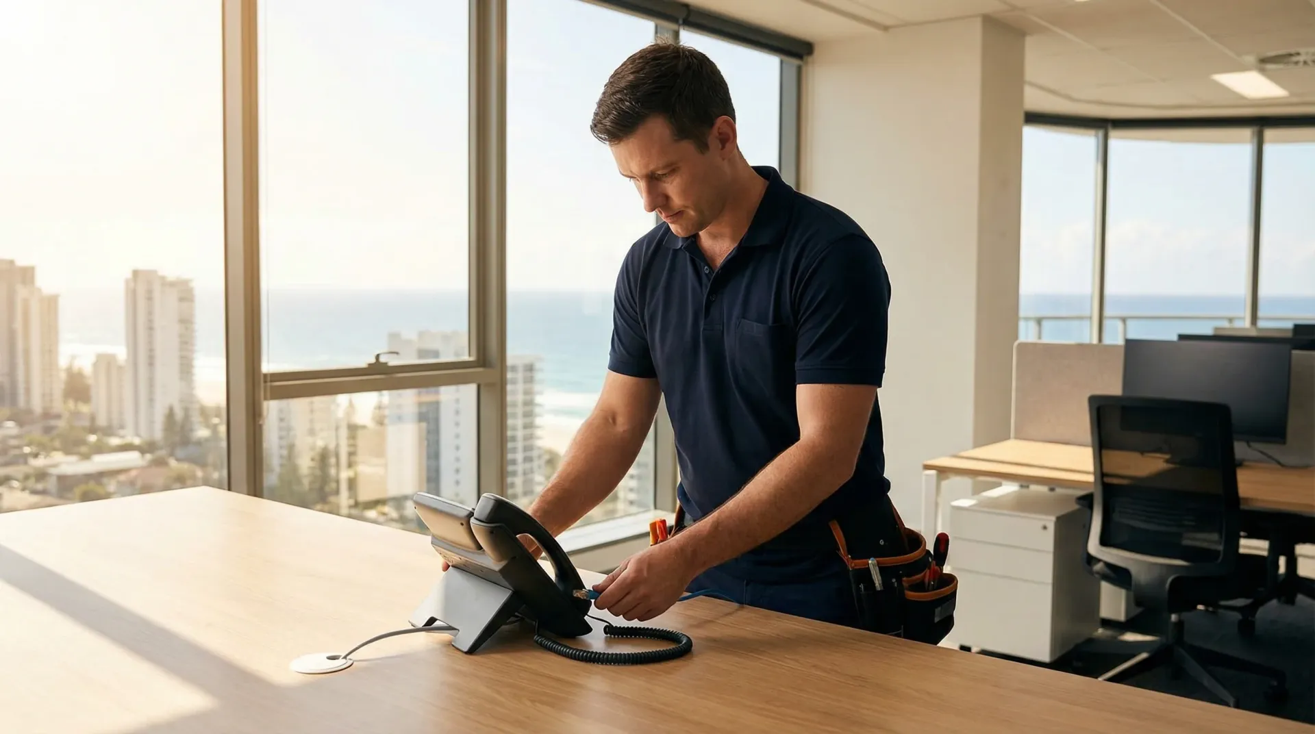 A Gold Coast business team using a cloud phone system on desk phones, laptops and mobiles
