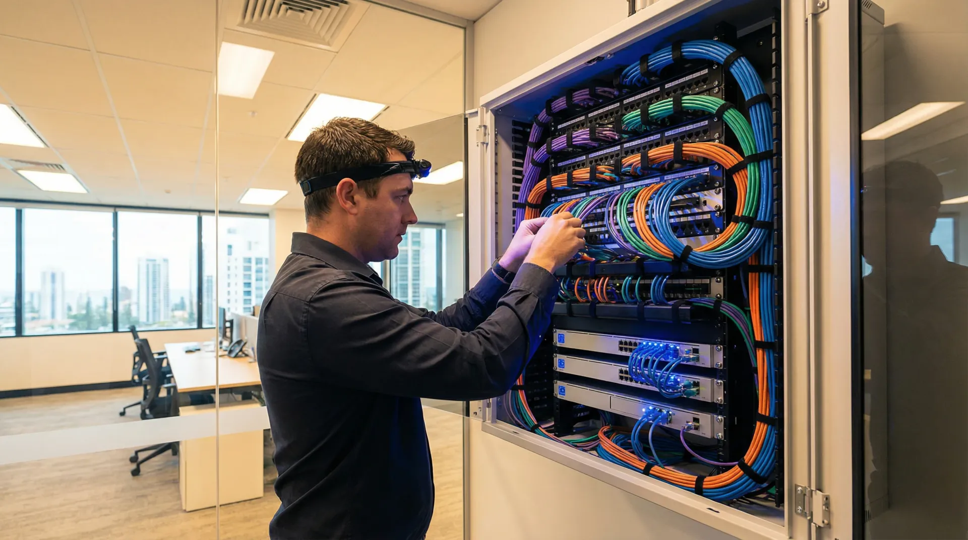 Cat6 structured cabling and patch panel installed in a Gold Coast commercial premises
