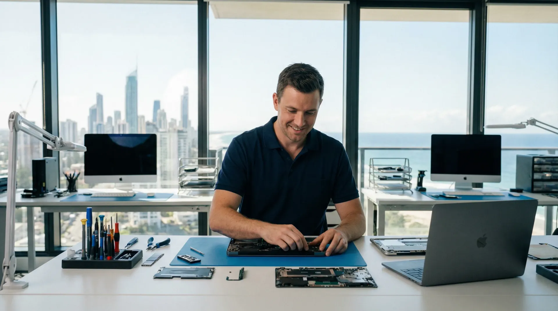 A bcom ICT technician repairing a business laptop on site at a Gold Coast office
