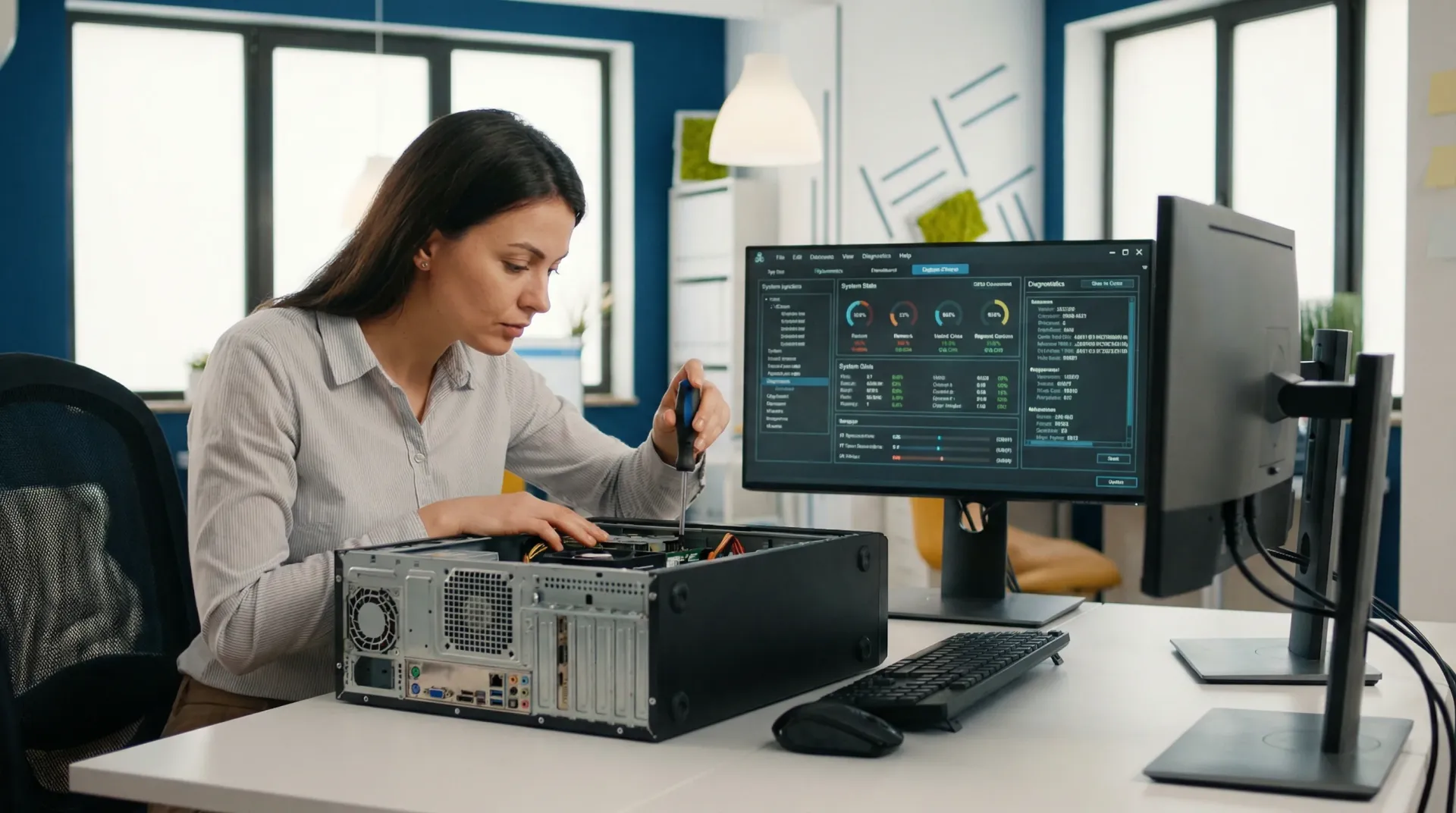 A bcom ICT technician diagnosing a business computer fault on the Gold Coast