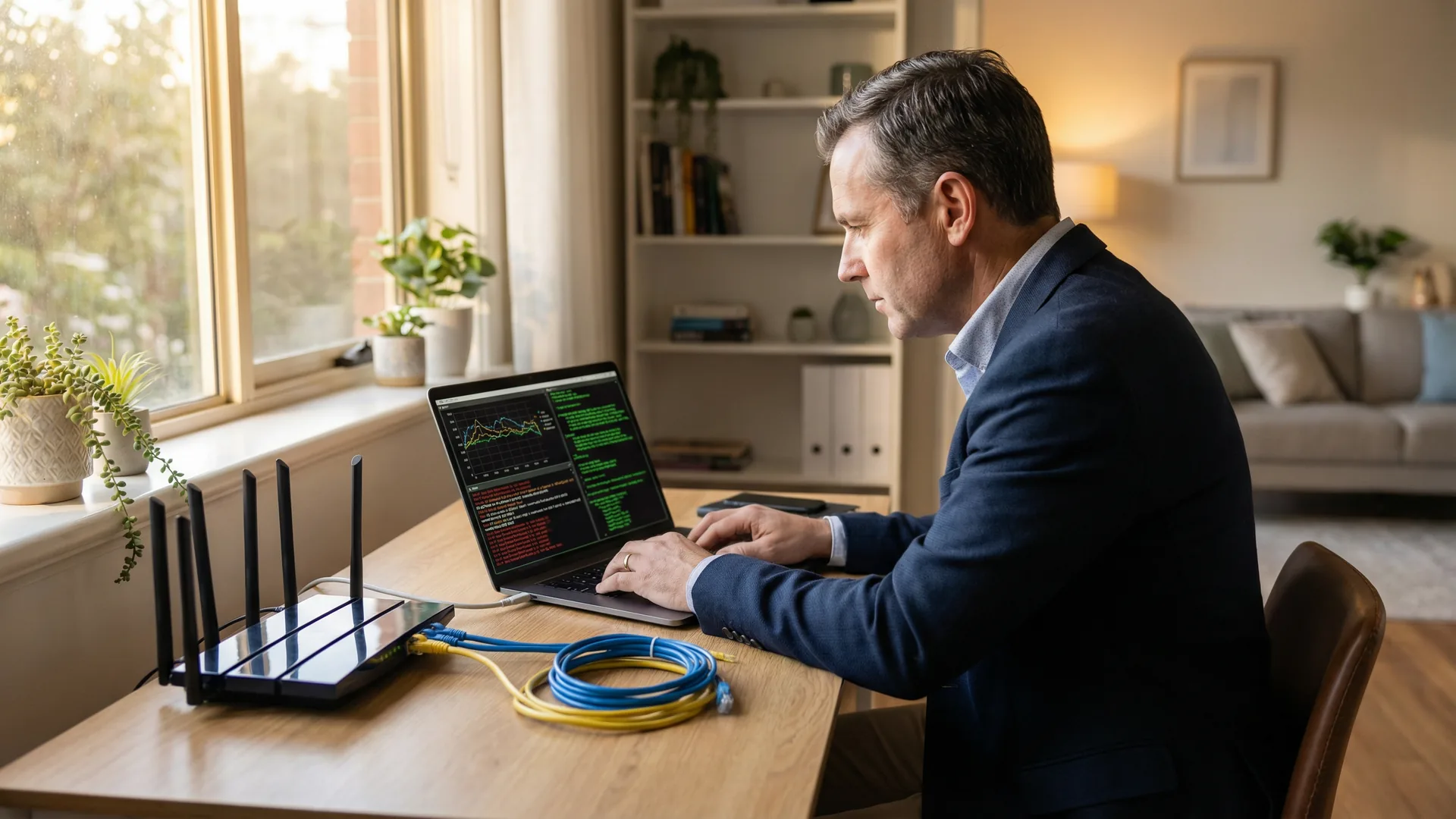 A bcom ICT technician diagnosing a business network fault on the Gold Coast