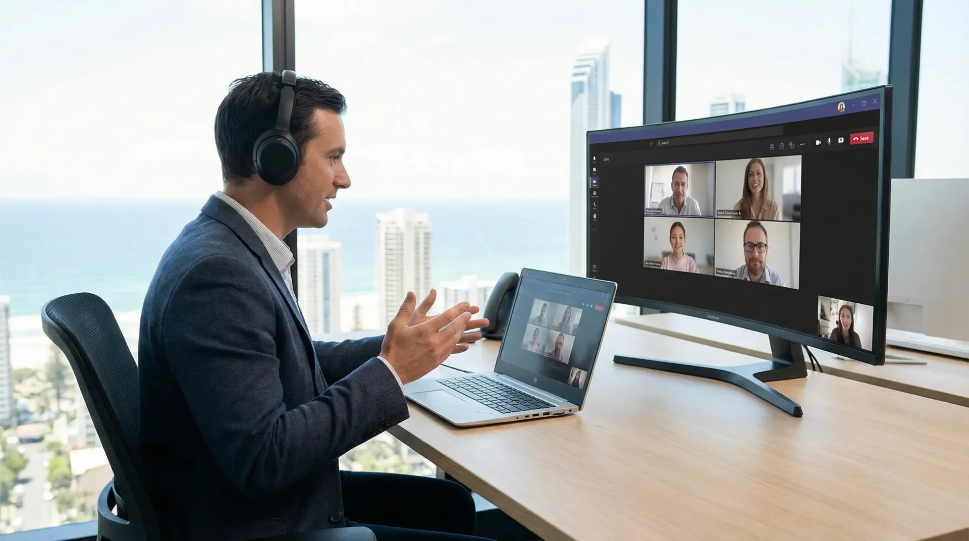 A Gold Coast business team taking phone calls inside Microsoft Teams