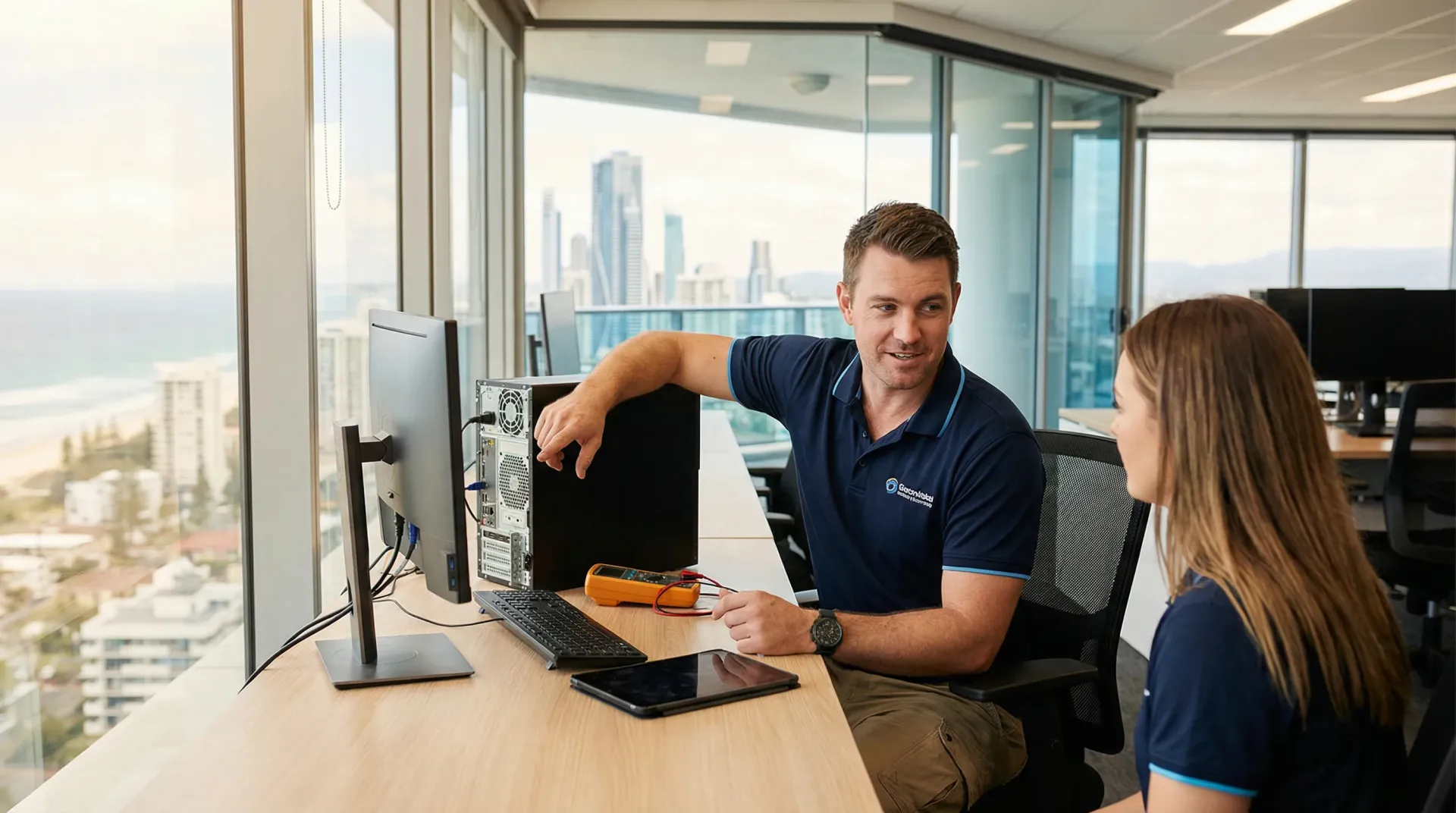 A bcom ICT technician working on a business server in a Gold Coast office