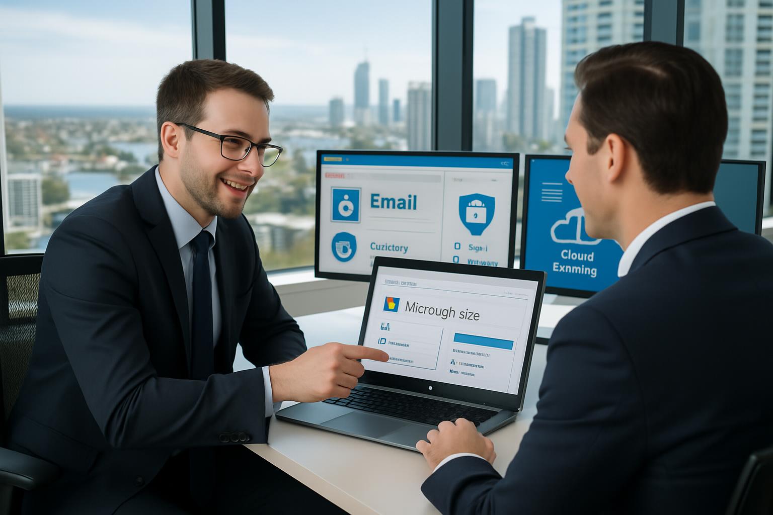 Professional IT consultant helping Gold Coast business client set up secure email hosting system with Microsoft 365 integration