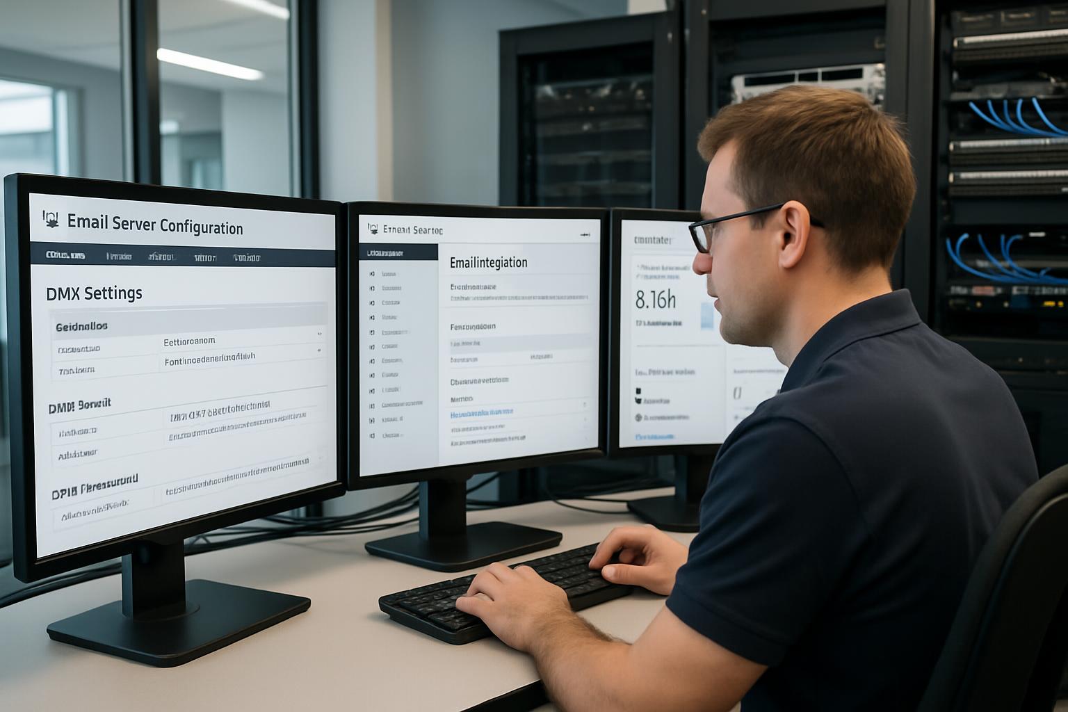 Professional IT technician configuring business email hosting system in modern Gold Coast office with multiple computers and secure server setup