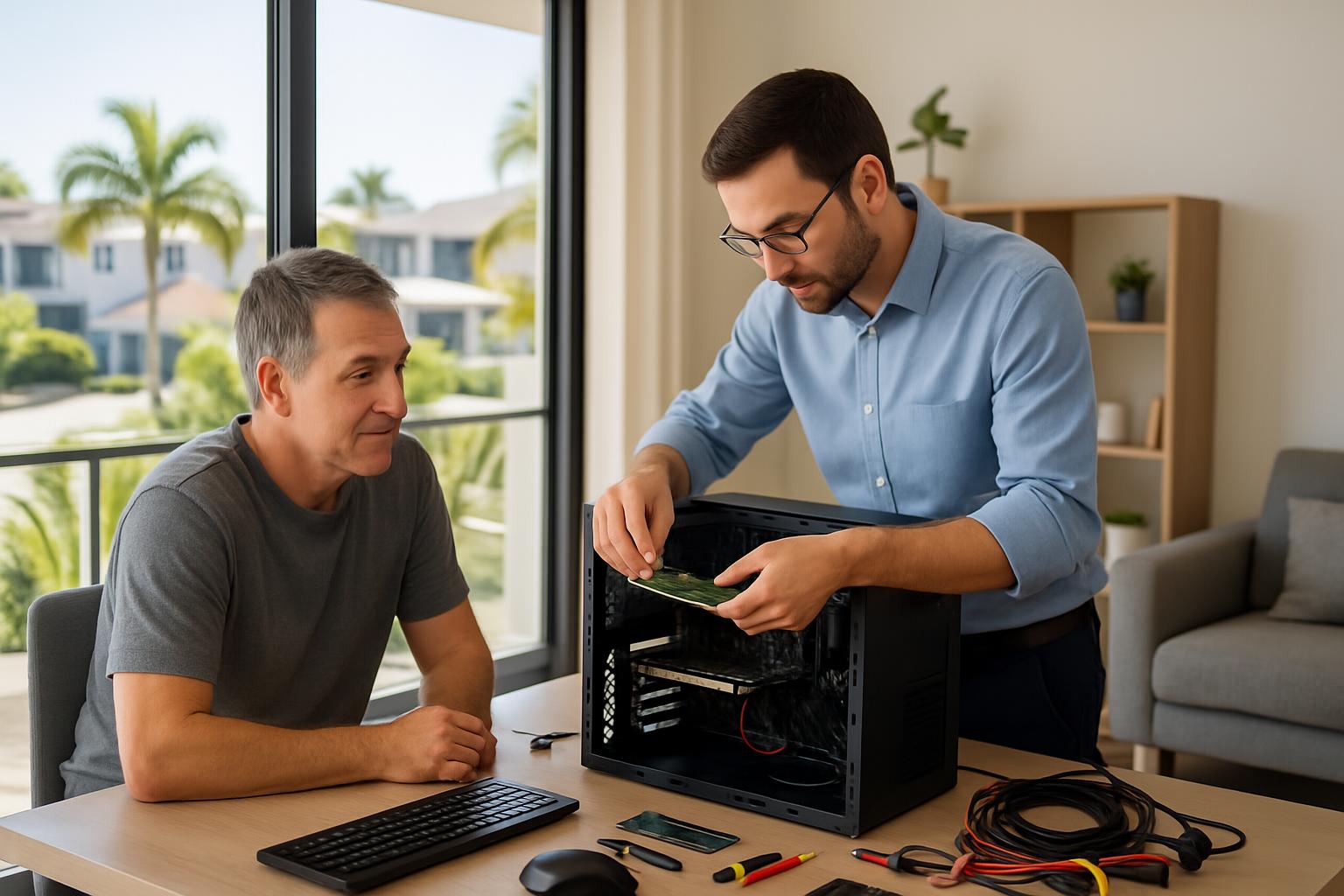 Computer repair technician working on desktop computer in Gold Coast home environment