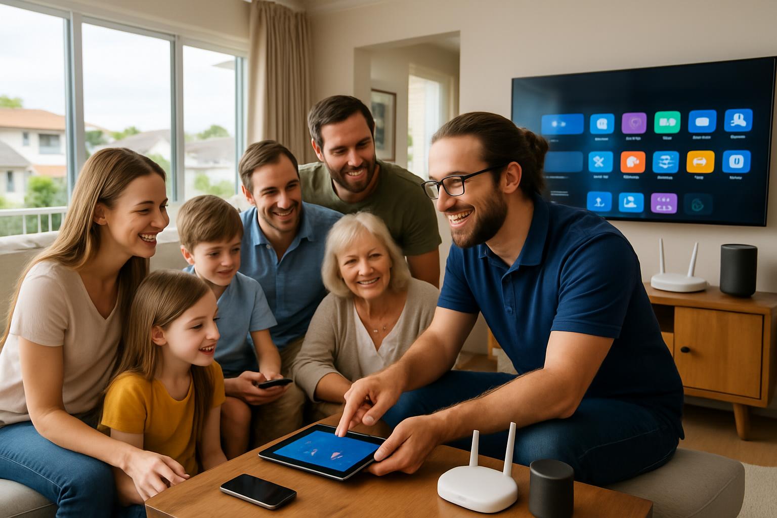 Friendly IT professional helping Gold Coast family with home technology setup, showing patient tech support in comfortable home environment