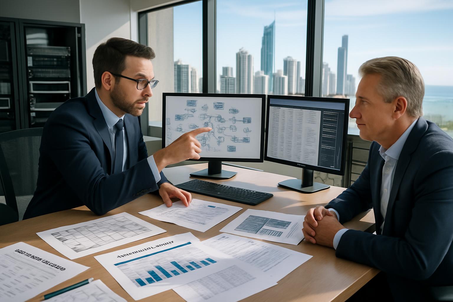 Professional IT consultant planning office relocation with Gold Coast business client, showing network diagrams and equipment inventory on multiple screens