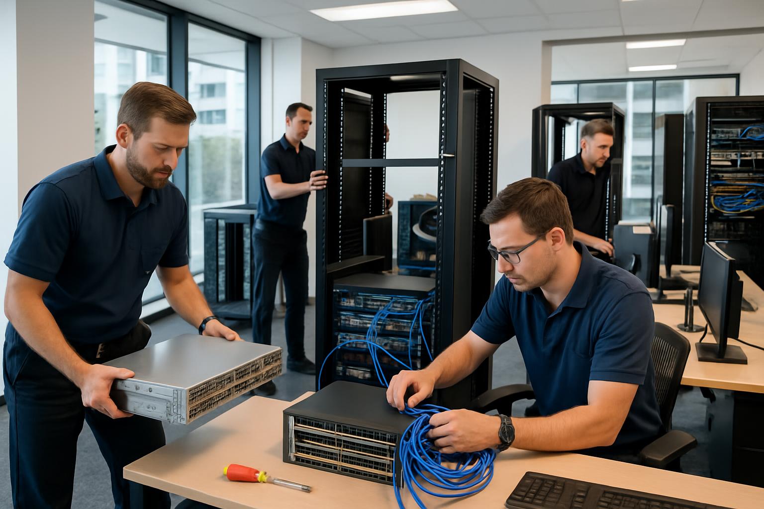 Professional IT technicians carefully relocating server equipment and setting up network infrastructure in modern Gold Coast office space