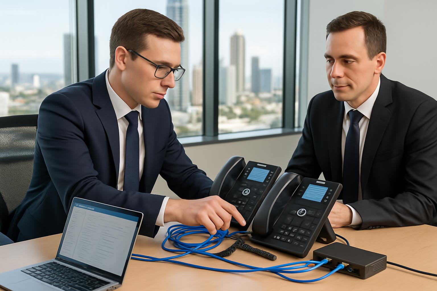 Professional IT technician installing VoIP phone system for Gold Coast business client with modern desk phones and network equipment