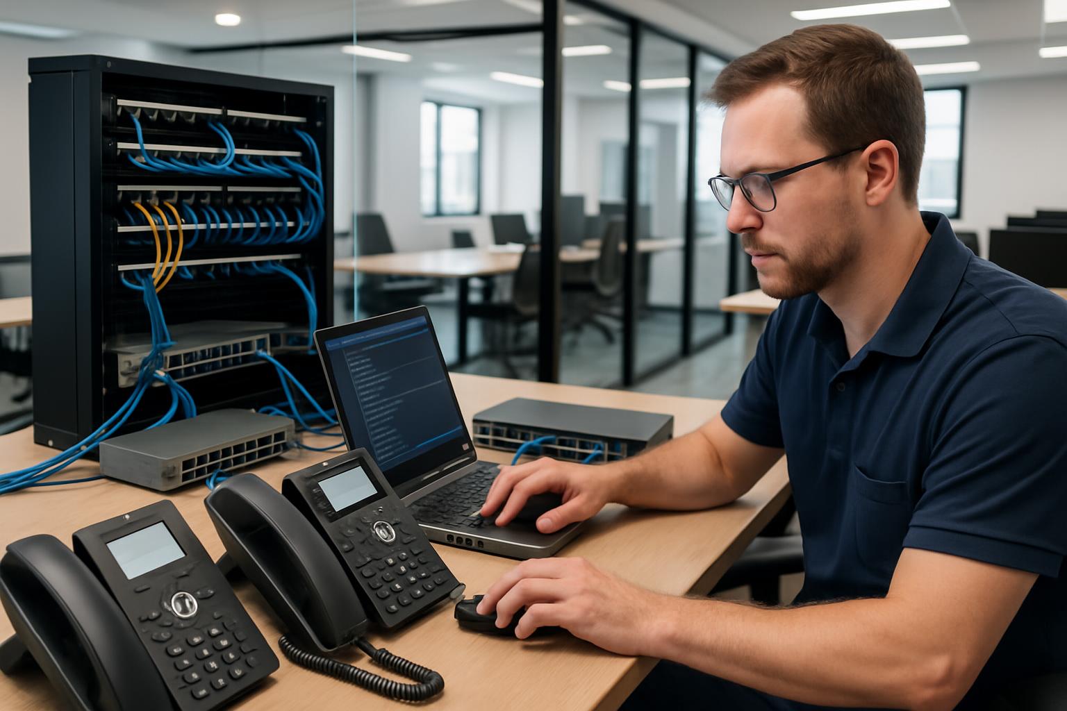 Professional technician configuring VoIP phone system in modern Gold Coast office with multiple desk phones and network equipment